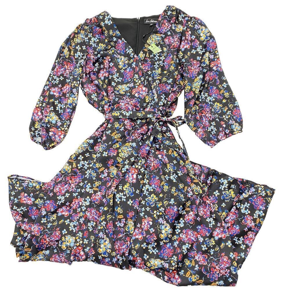 New SAM EDELMAN Black Mixed Floral Tiered Ruffle Wrap Maxi Dress Women's Sz 10